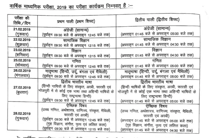 bihar board 10th exam date 2019